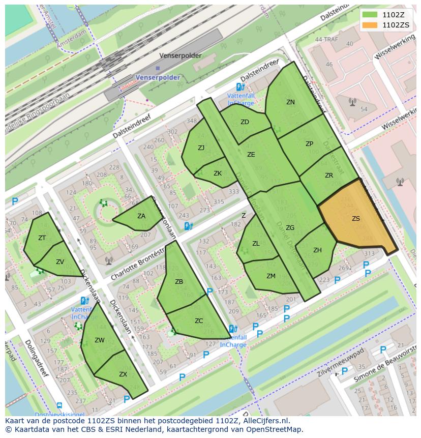 Afbeelding van het postcodegebied 1102 ZS op de kaart.