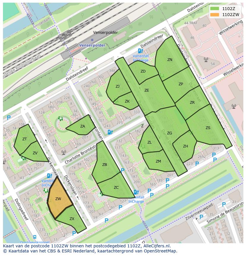 Afbeelding van het postcodegebied 1102 ZW op de kaart.