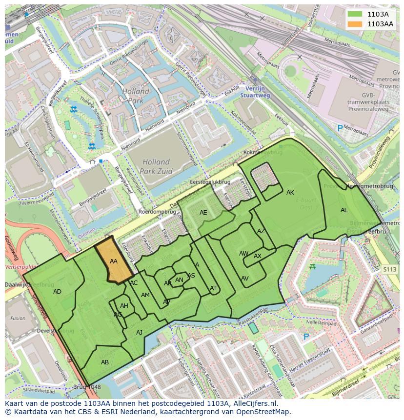 Afbeelding van het postcodegebied 1103 AA op de kaart.