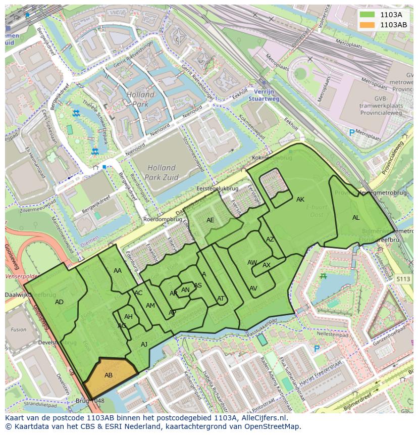 Afbeelding van het postcodegebied 1103 AB op de kaart.