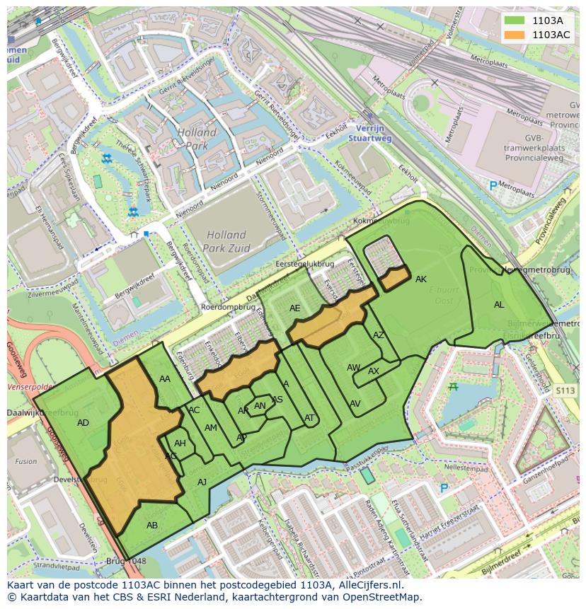 Afbeelding van het postcodegebied 1103 AC op de kaart.