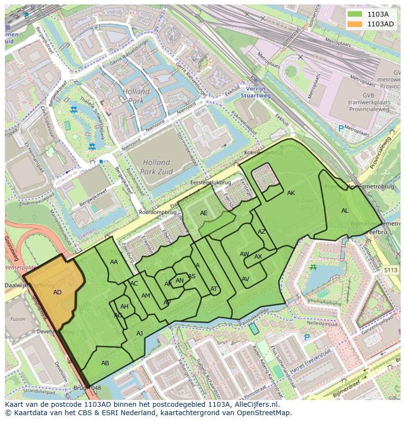 Afbeelding van het postcodegebied 1103 AD op de kaart.