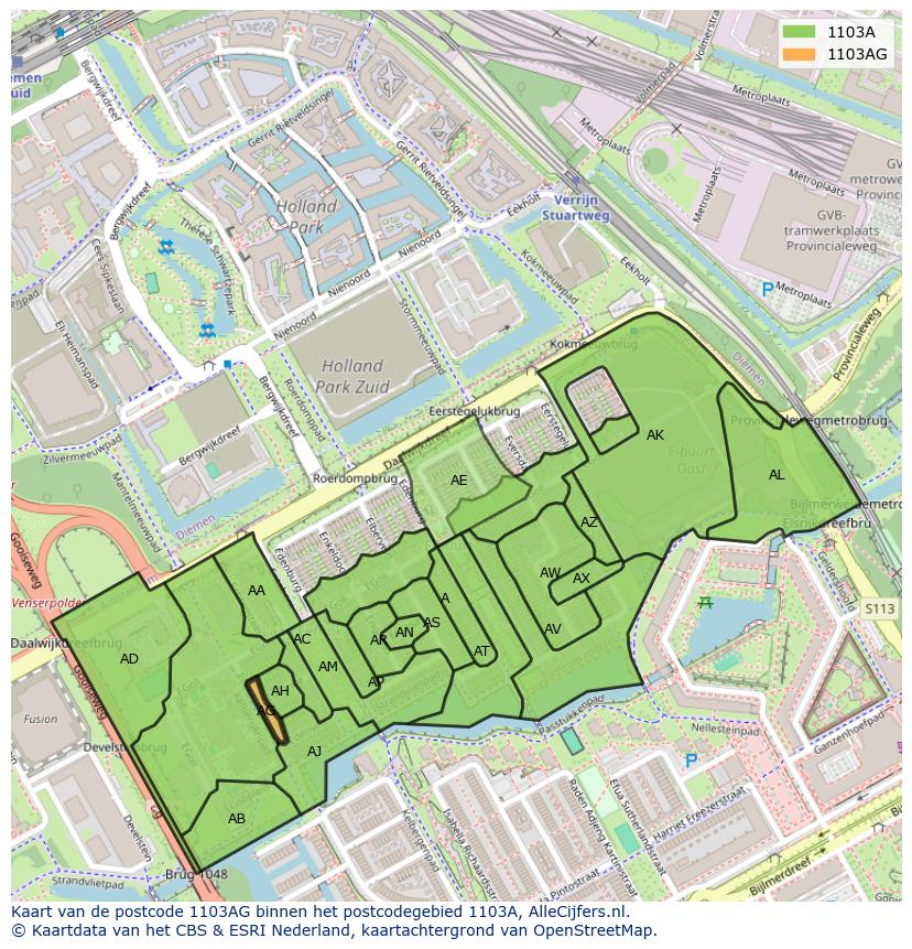 Afbeelding van het postcodegebied 1103 AG op de kaart.