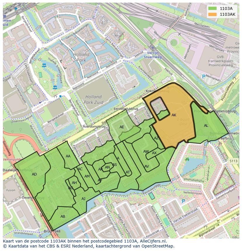 Afbeelding van het postcodegebied 1103 AK op de kaart.