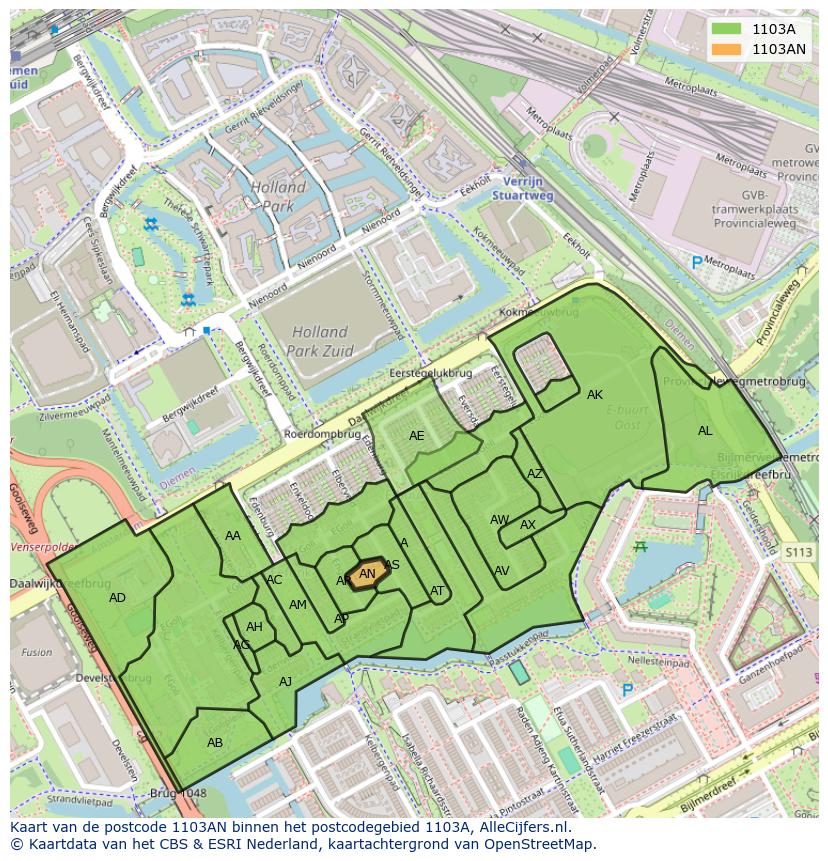 Afbeelding van het postcodegebied 1103 AN op de kaart.