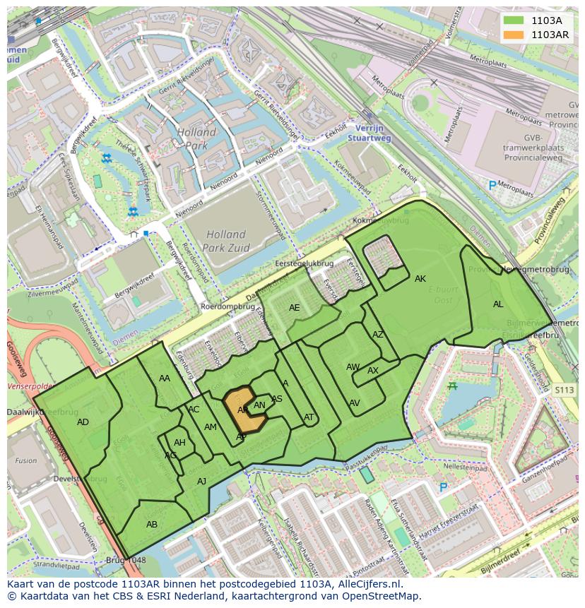 Afbeelding van het postcodegebied 1103 AR op de kaart.