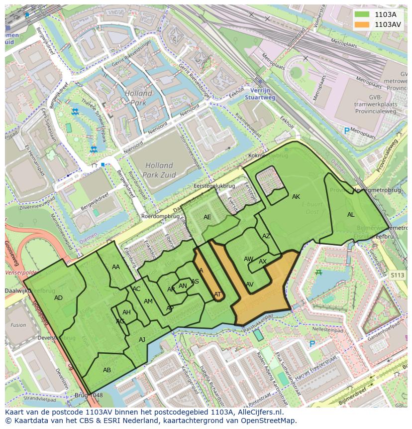 Afbeelding van het postcodegebied 1103 AV op de kaart.