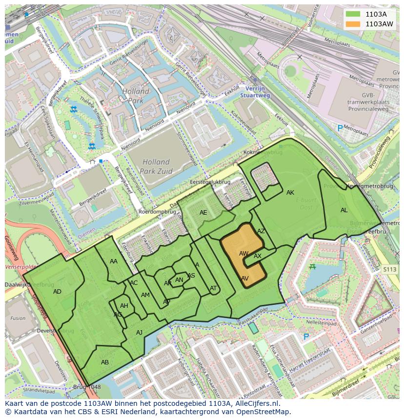 Afbeelding van het postcodegebied 1103 AW op de kaart.