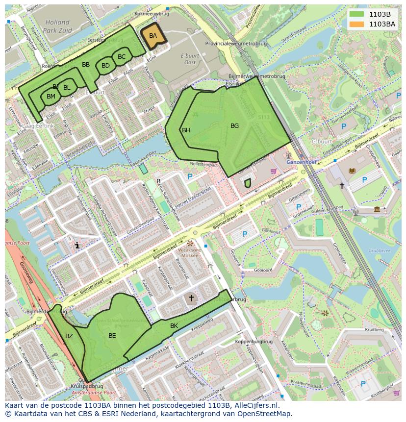 Afbeelding van het postcodegebied 1103 BA op de kaart.