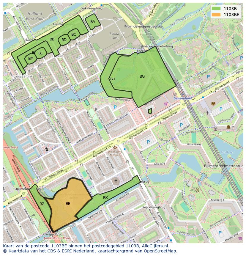 Afbeelding van het postcodegebied 1103 BE op de kaart.