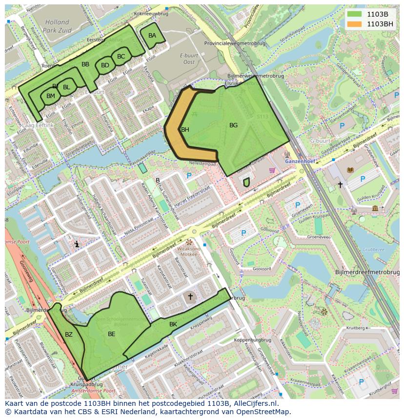 Afbeelding van het postcodegebied 1103 BH op de kaart.