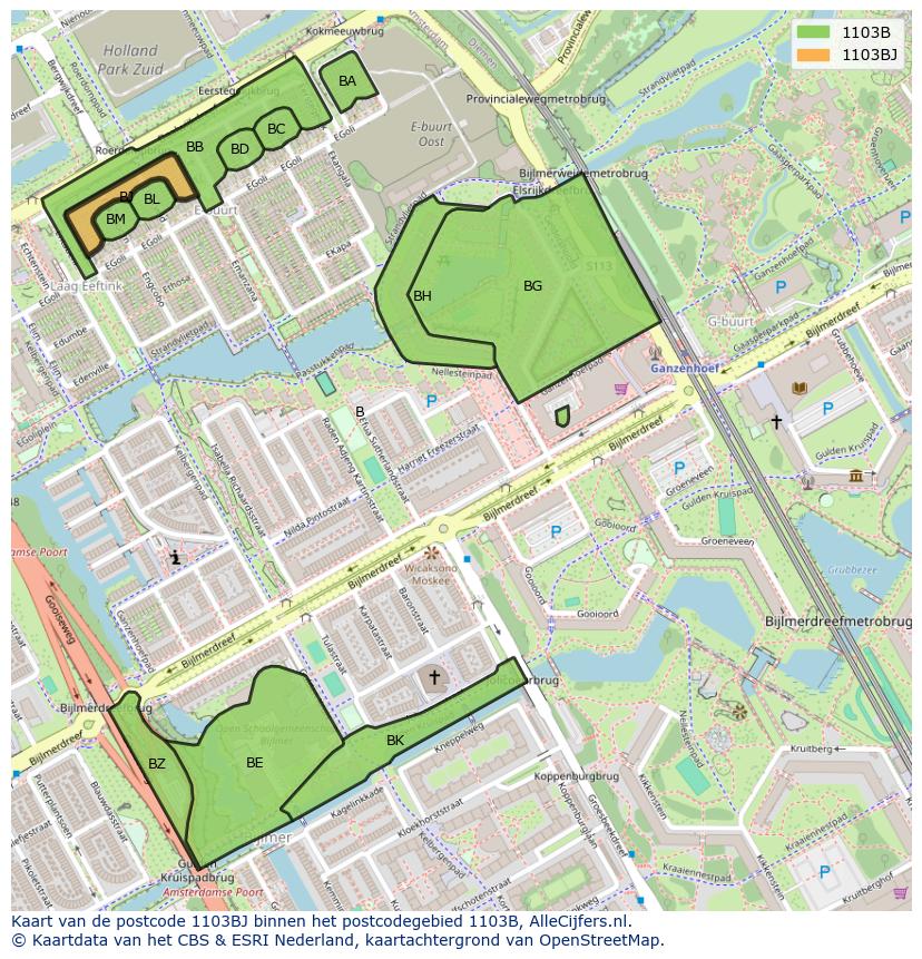 Afbeelding van het postcodegebied 1103 BJ op de kaart.