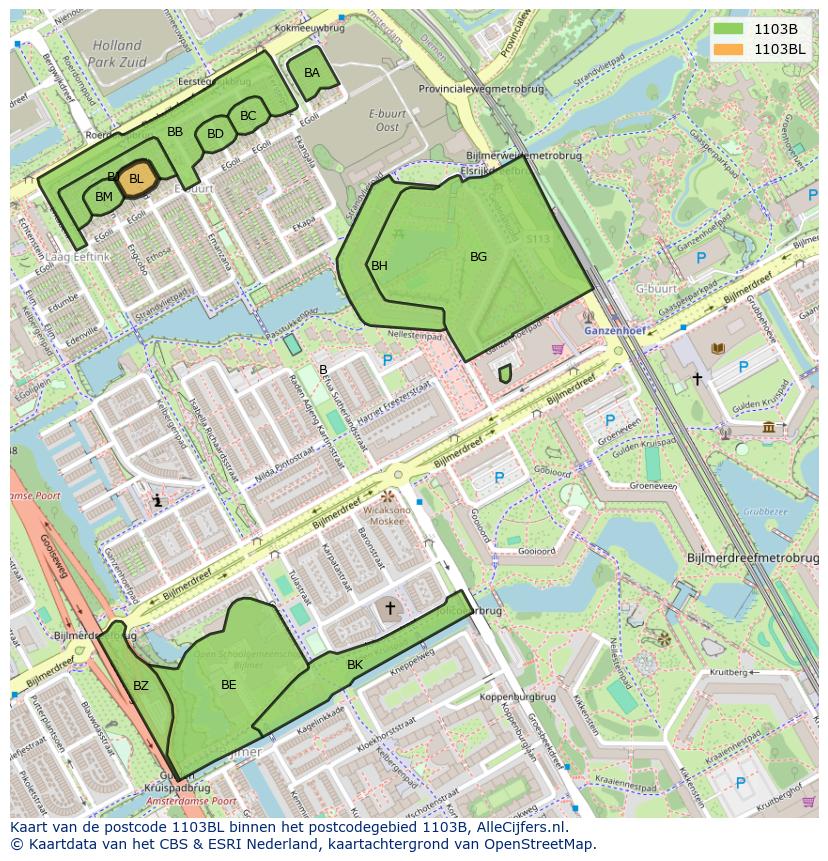 Afbeelding van het postcodegebied 1103 BL op de kaart.