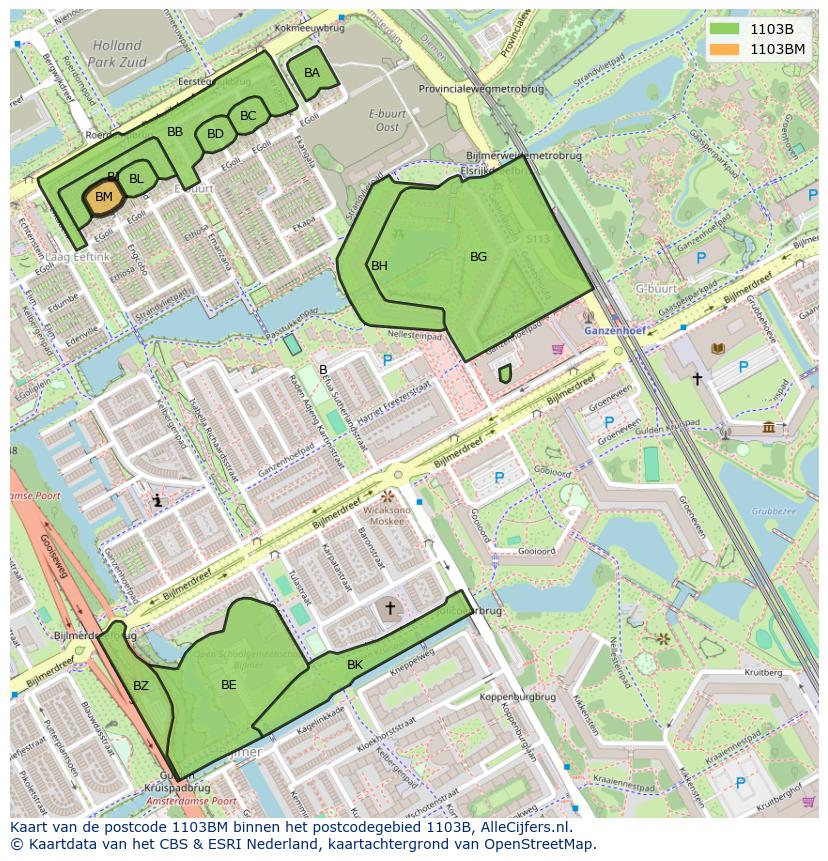 Afbeelding van het postcodegebied 1103 BM op de kaart.