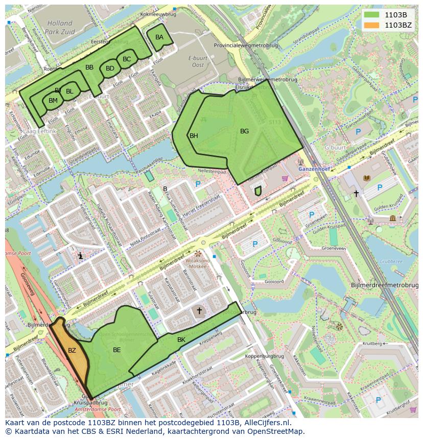 Afbeelding van het postcodegebied 1103 BZ op de kaart.