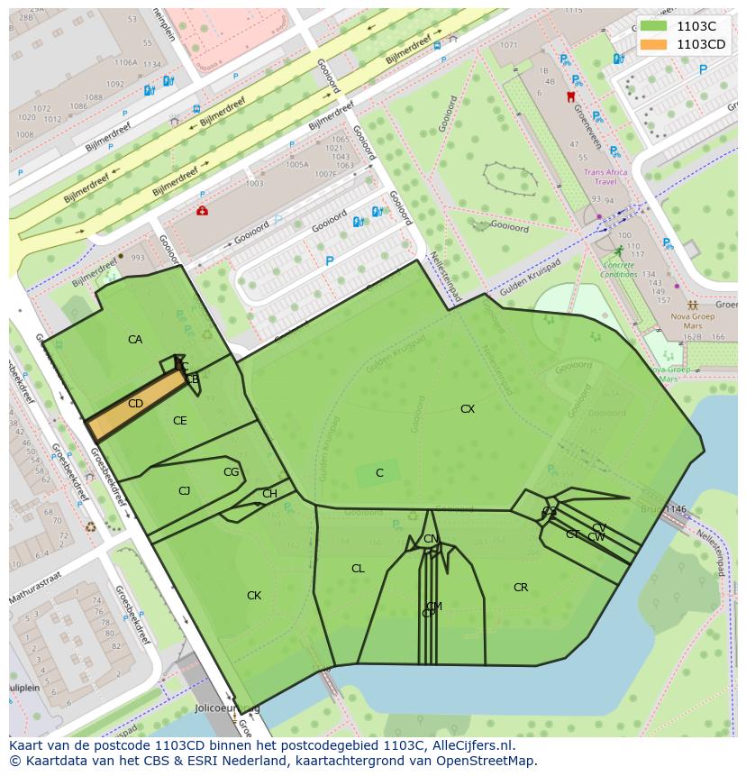 Afbeelding van het postcodegebied 1103 CD op de kaart.
