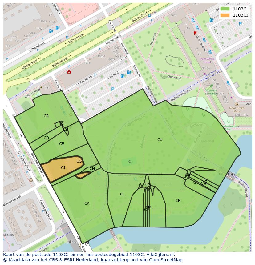 Afbeelding van het postcodegebied 1103 CJ op de kaart.
