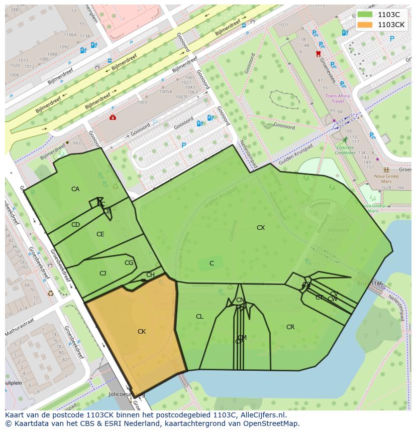 Afbeelding van het postcodegebied 1103 CK op de kaart.