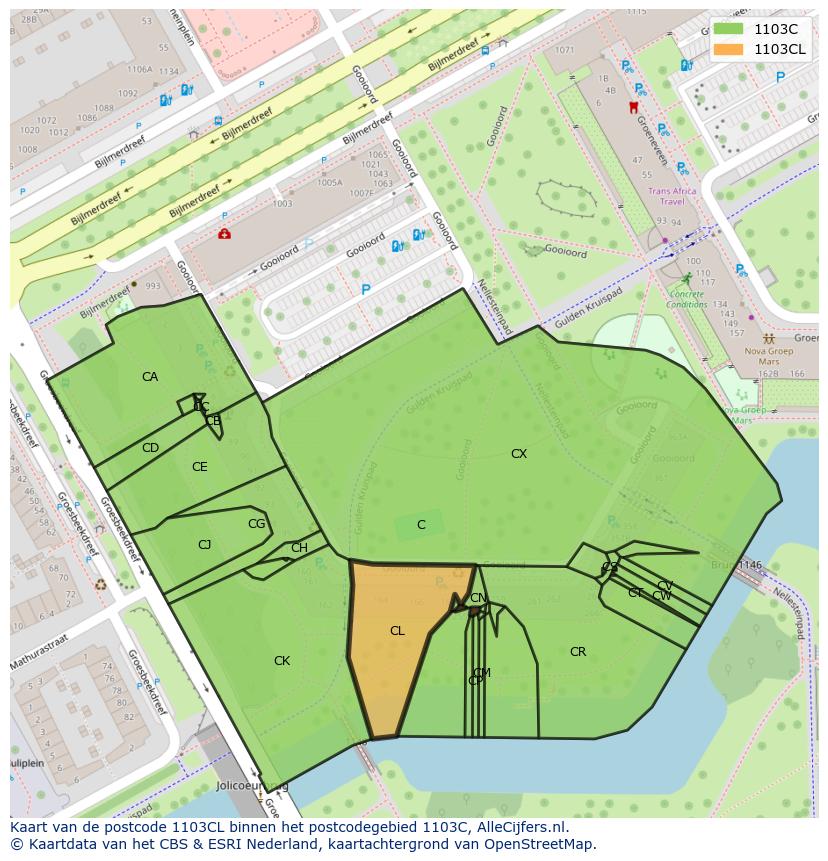 Afbeelding van het postcodegebied 1103 CL op de kaart.