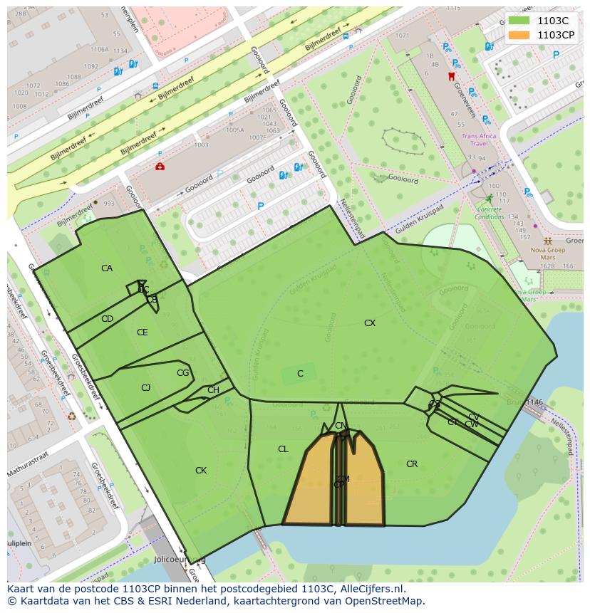 Afbeelding van het postcodegebied 1103 CP op de kaart.