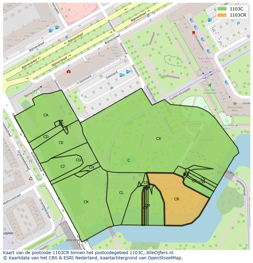 Afbeelding van het postcodegebied 1103 CR op de kaart.