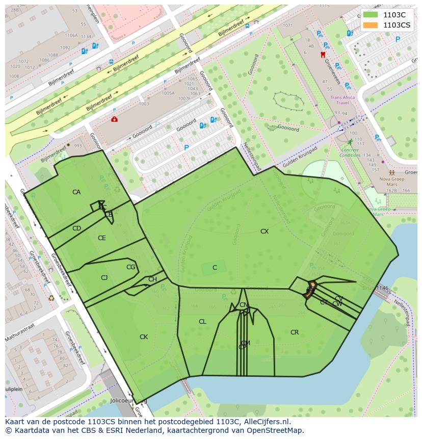 Afbeelding van het postcodegebied 1103 CS op de kaart.