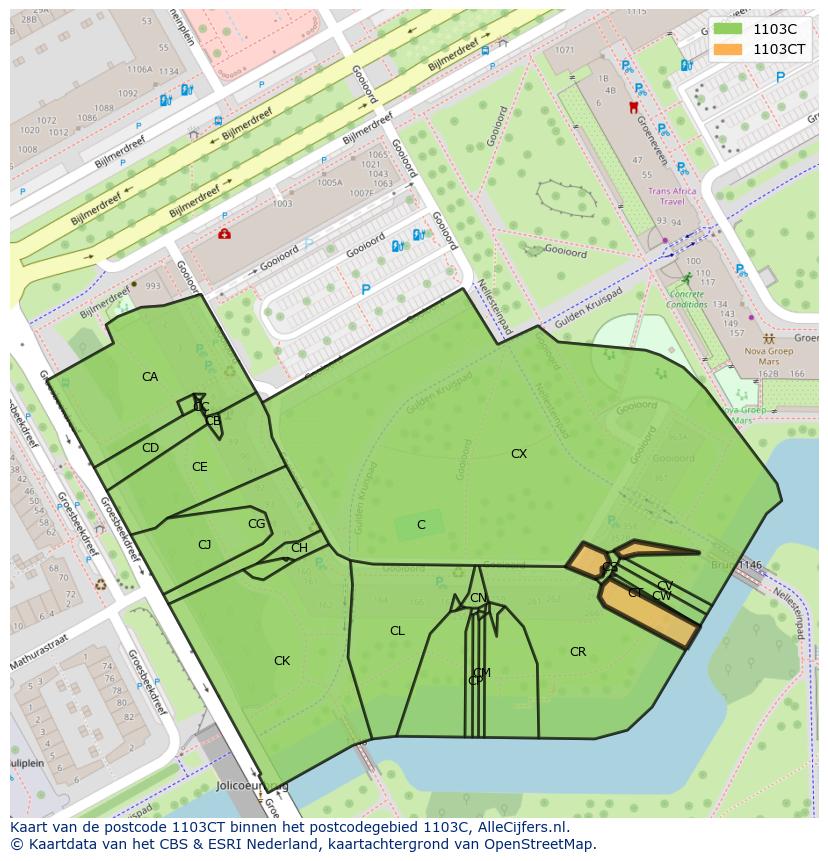 Afbeelding van het postcodegebied 1103 CT op de kaart.
