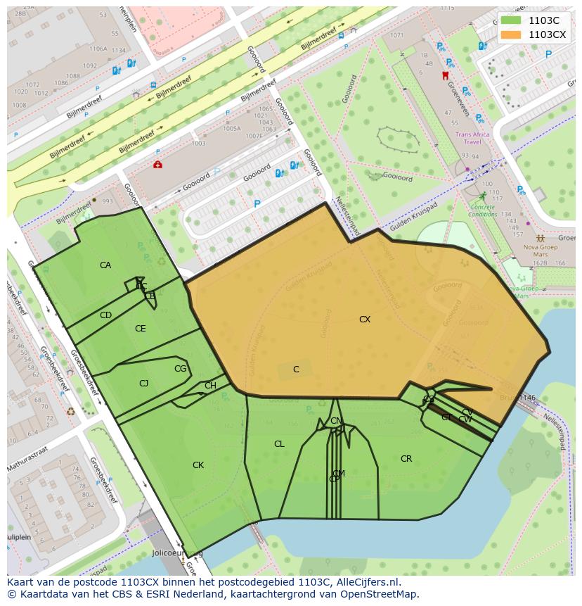 Afbeelding van het postcodegebied 1103 CX op de kaart.