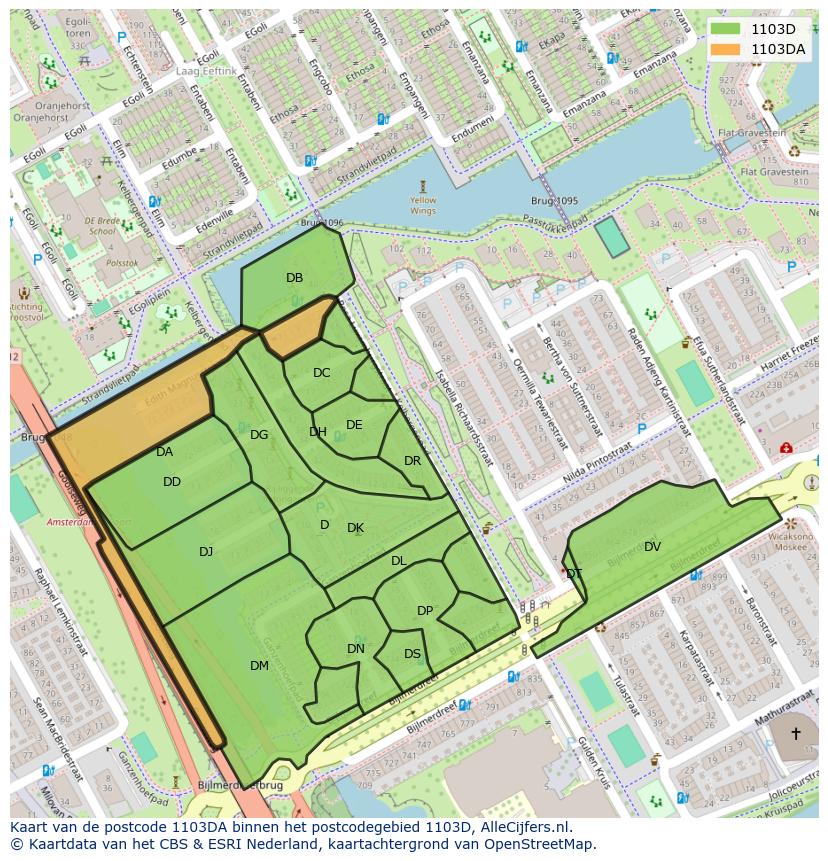 Afbeelding van het postcodegebied 1103 DA op de kaart.