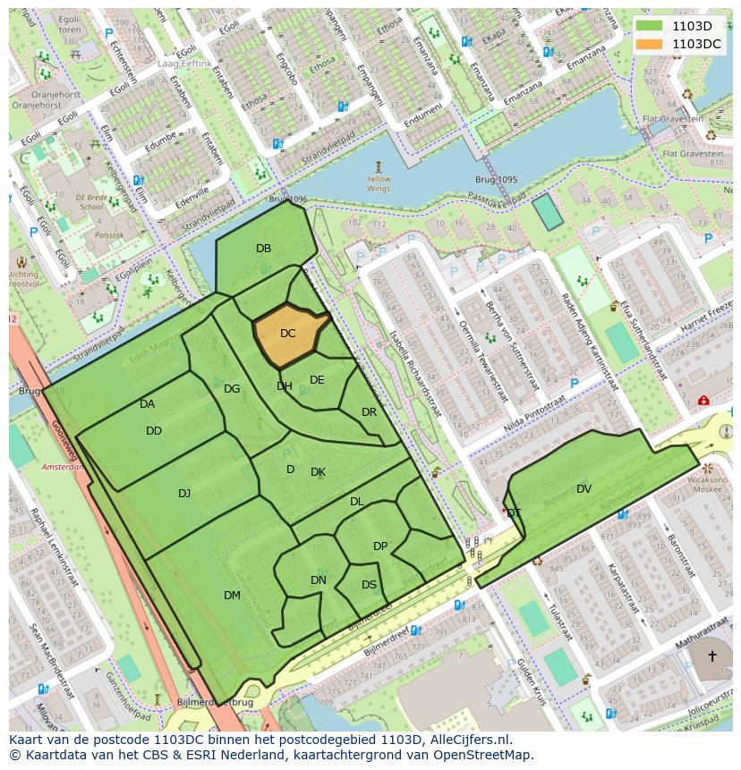 Afbeelding van het postcodegebied 1103 DC op de kaart.