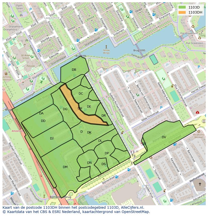 Afbeelding van het postcodegebied 1103 DH op de kaart.