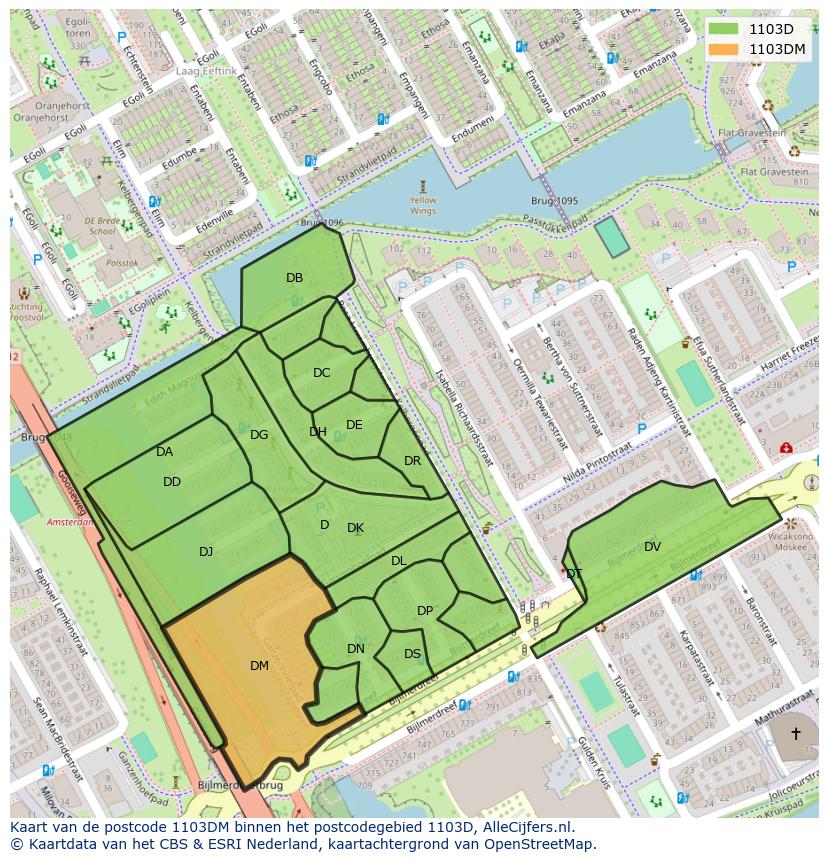 Afbeelding van het postcodegebied 1103 DM op de kaart.