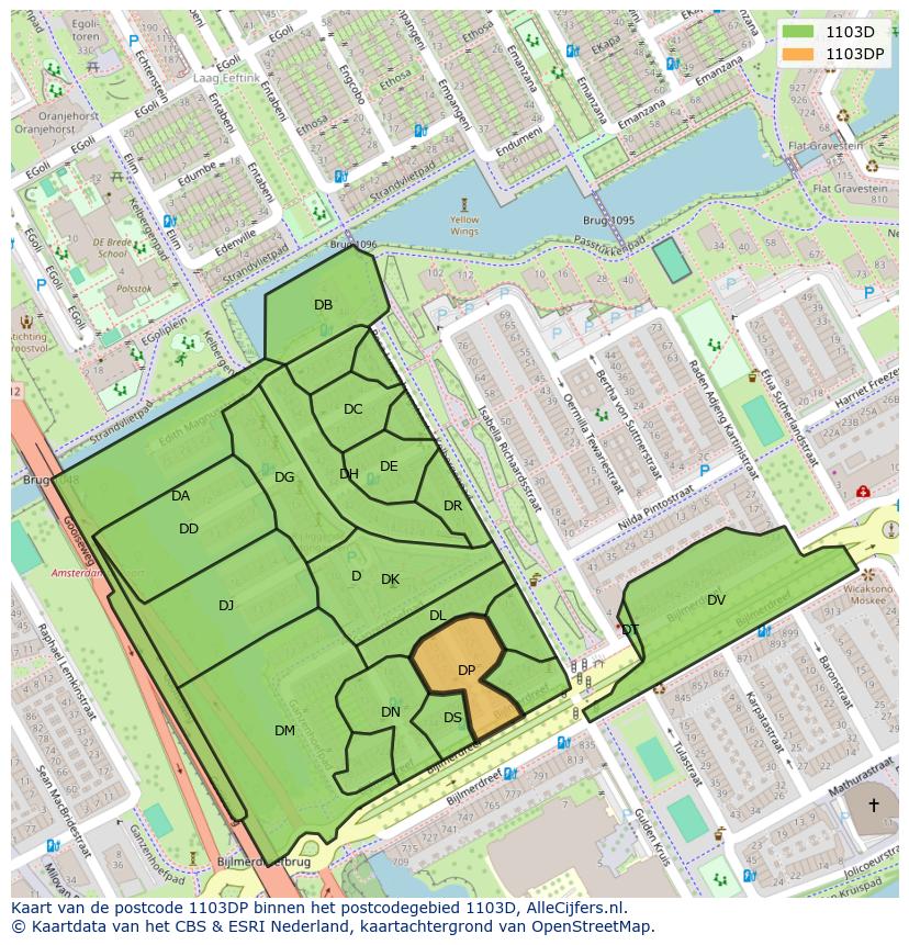Afbeelding van het postcodegebied 1103 DP op de kaart.