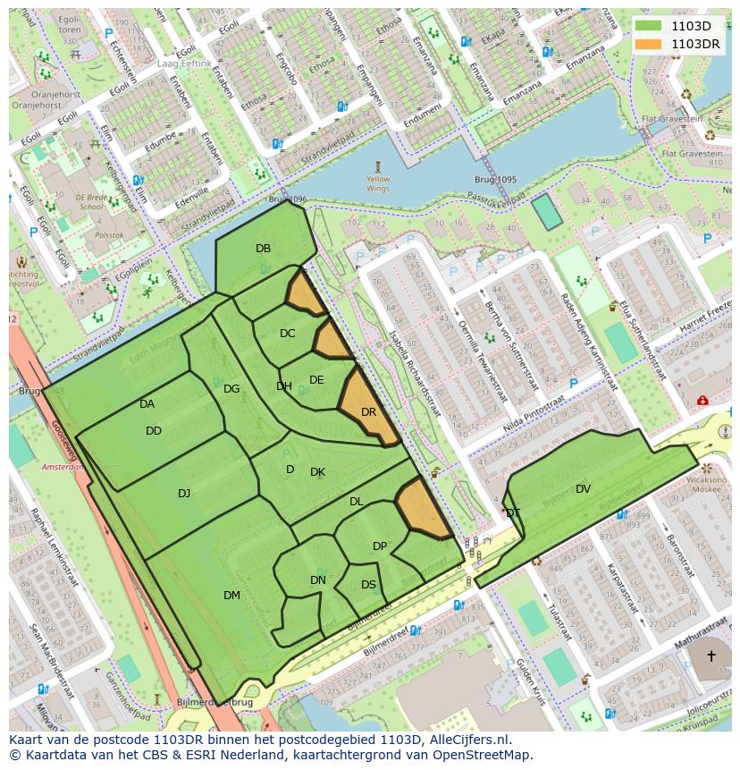 Afbeelding van het postcodegebied 1103 DR op de kaart.