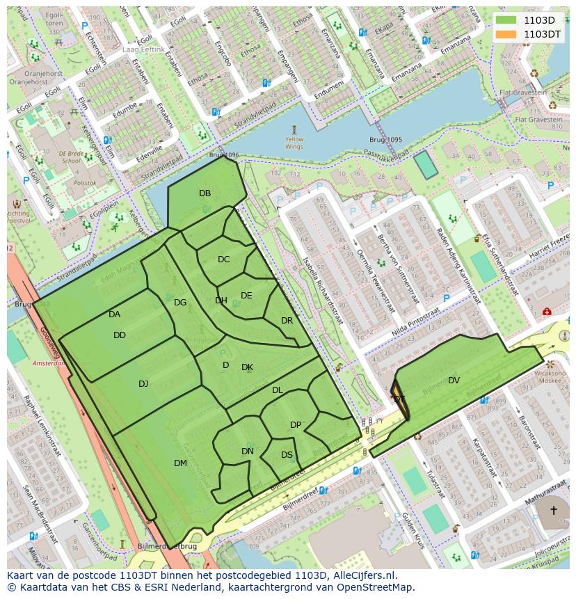 Afbeelding van het postcodegebied 1103 DT op de kaart.