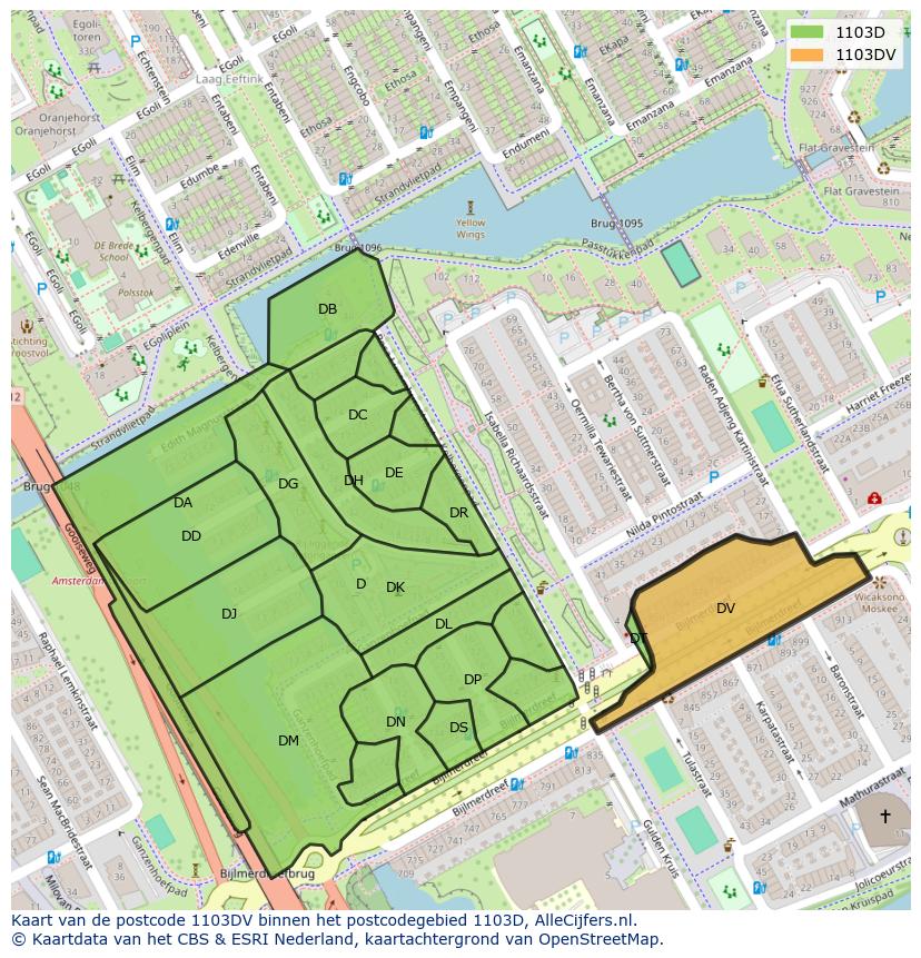 Afbeelding van het postcodegebied 1103 DV op de kaart.