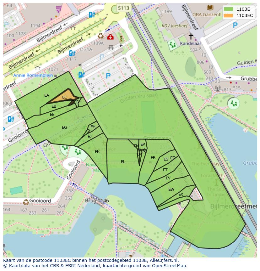 Afbeelding van het postcodegebied 1103 EC op de kaart.
