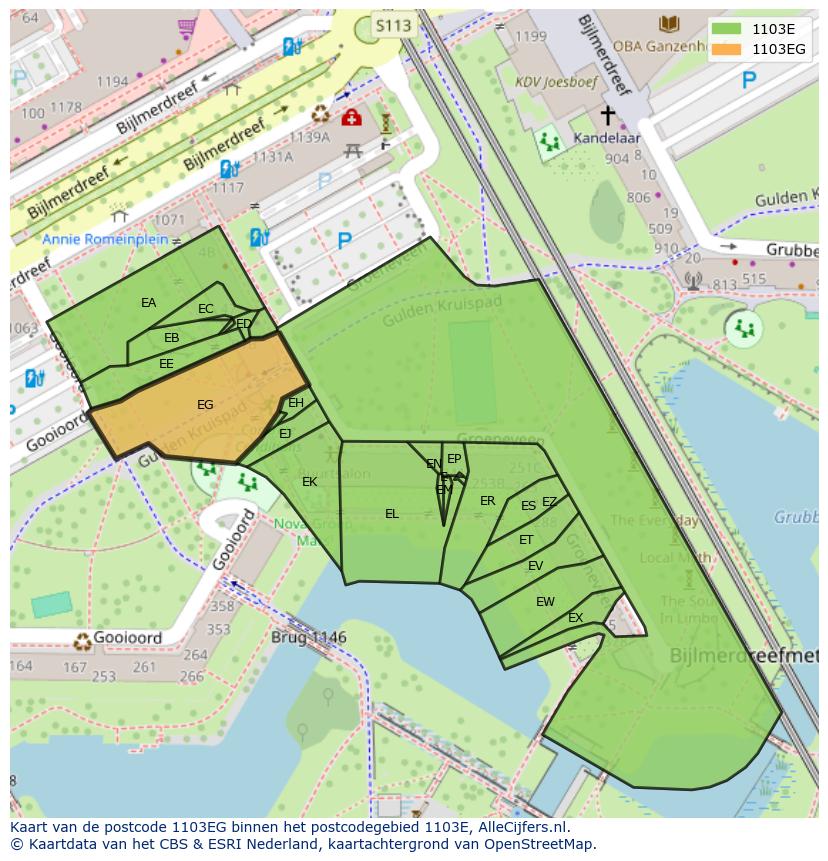 Afbeelding van het postcodegebied 1103 EG op de kaart.