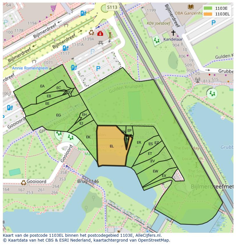 Afbeelding van het postcodegebied 1103 EL op de kaart.