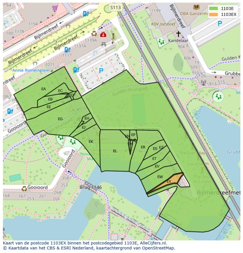 Afbeelding van het postcodegebied 1103 EX op de kaart.