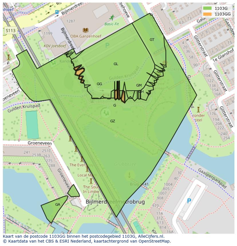 Afbeelding van het postcodegebied 1103 GG op de kaart.