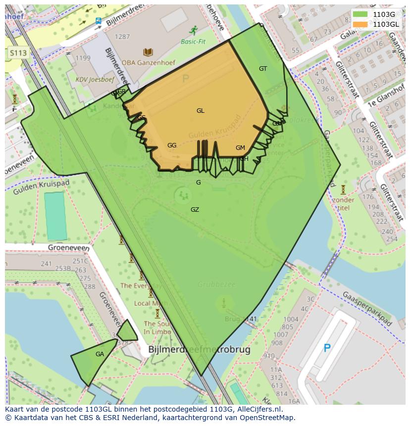 Afbeelding van het postcodegebied 1103 GL op de kaart.