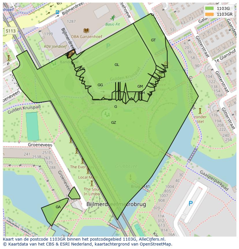 Afbeelding van het postcodegebied 1103 GR op de kaart.
