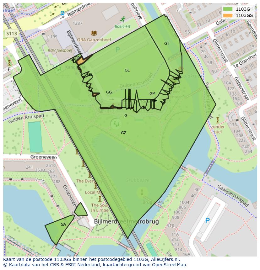 Afbeelding van het postcodegebied 1103 GS op de kaart.