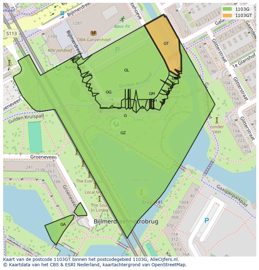 Afbeelding van het postcodegebied 1103 GT op de kaart.