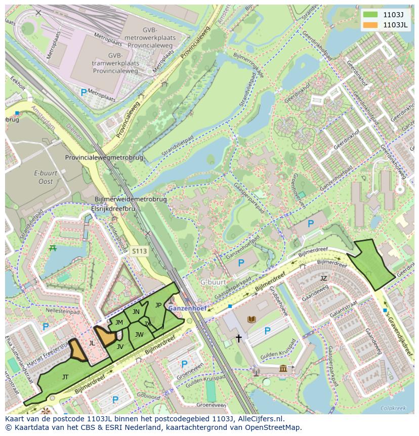 Afbeelding van het postcodegebied 1103 JL op de kaart.