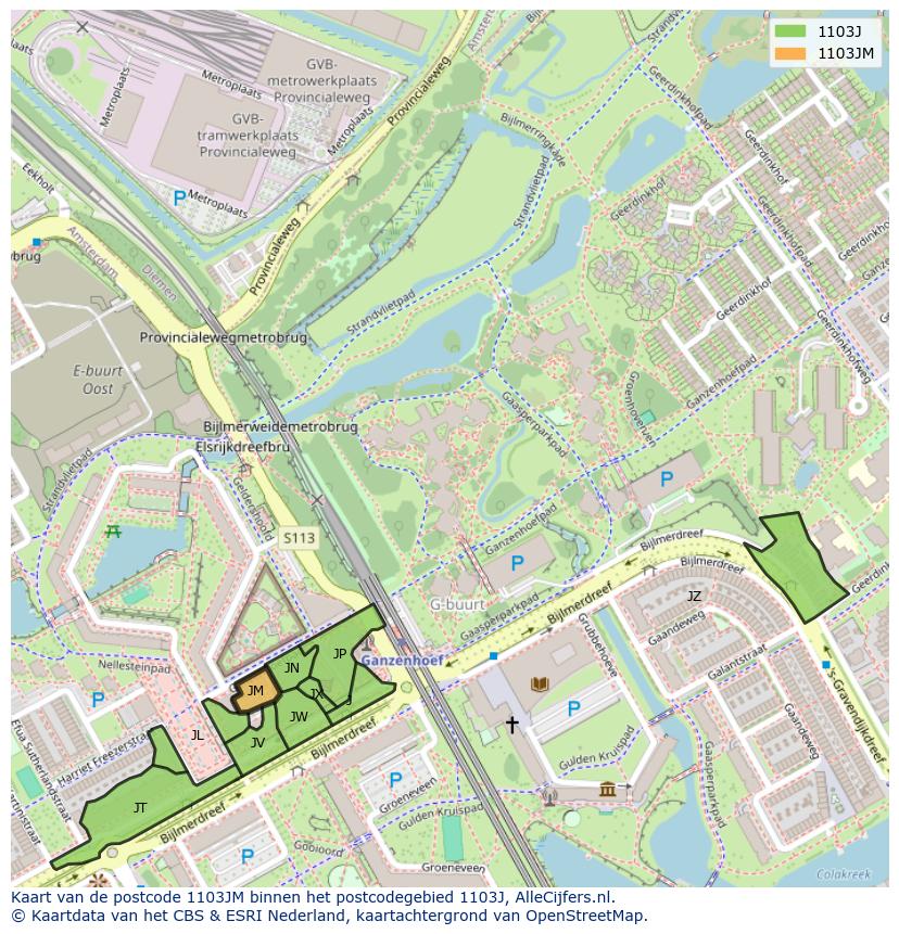 Afbeelding van het postcodegebied 1103 JM op de kaart.