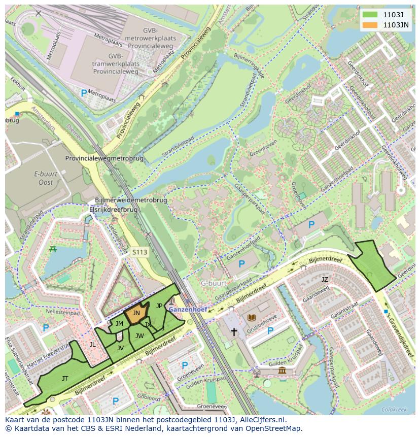 Afbeelding van het postcodegebied 1103 JN op de kaart.