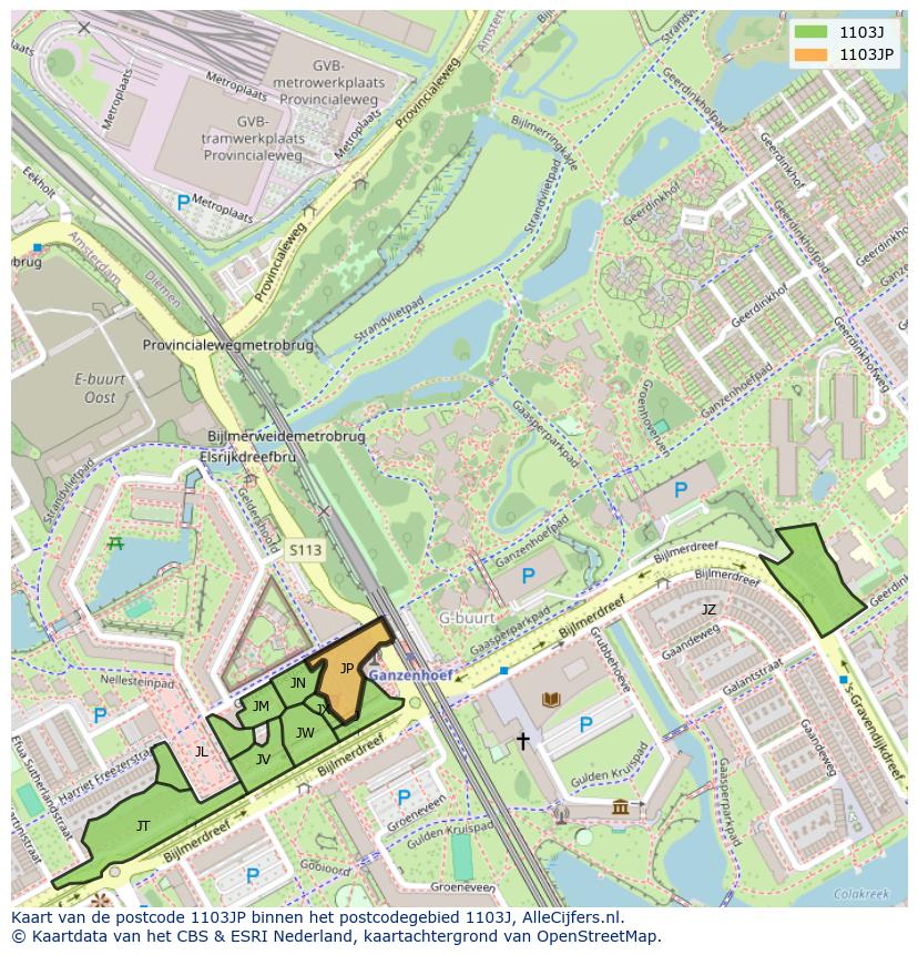 Afbeelding van het postcodegebied 1103 JP op de kaart.