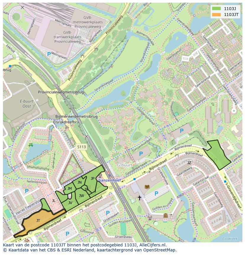 Afbeelding van het postcodegebied 1103 JT op de kaart.